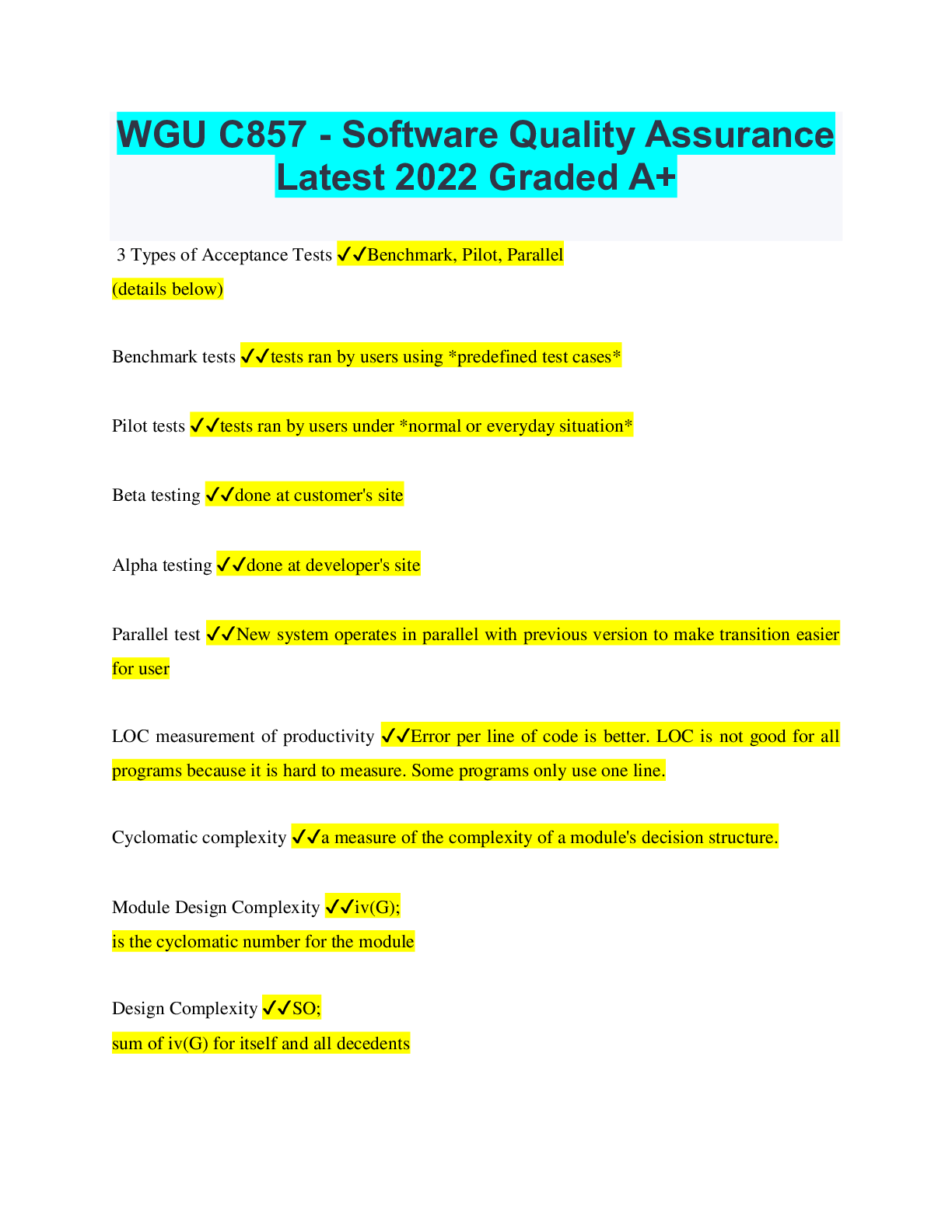 WGU C857 - Software Quality Assurance Latest 2022 Graded A+ ...