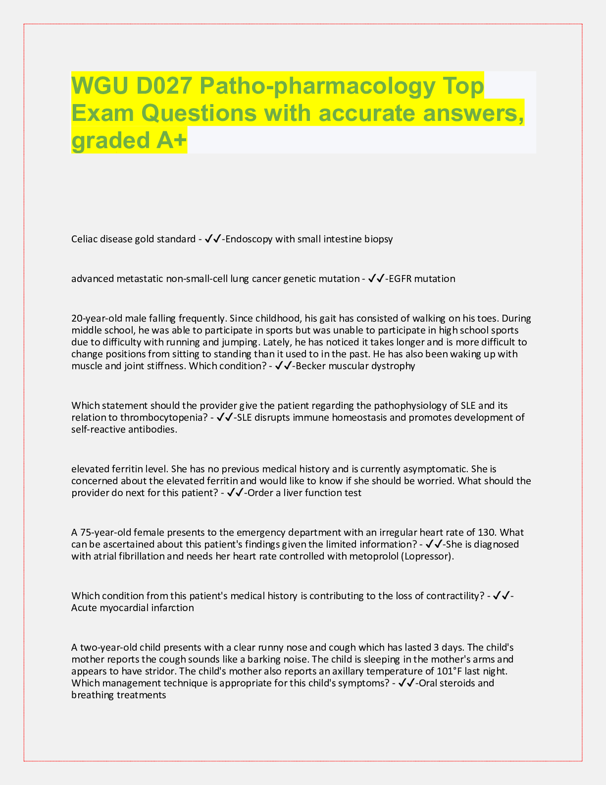 WGU D027 Patho-pharmacology Top Exam Questions with accurate answers ...