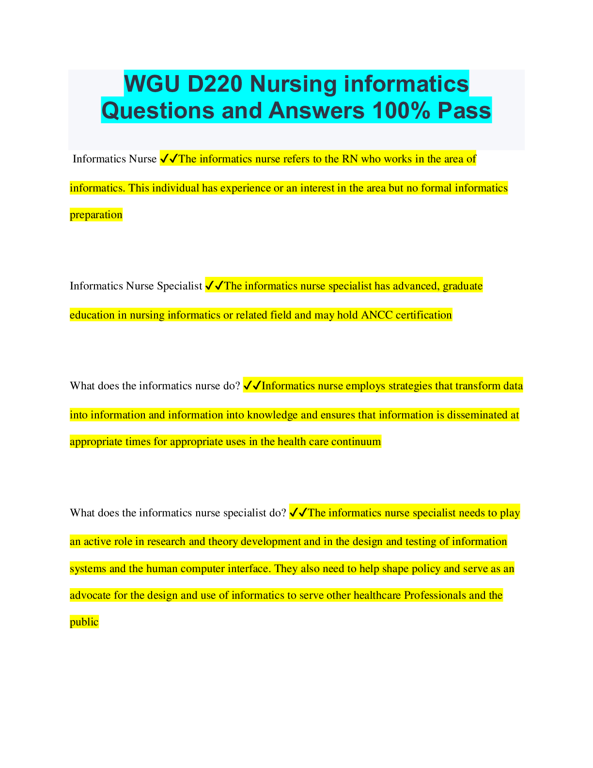 WGU D220 Nursing informatics Questions and Answers 100% Pass ...