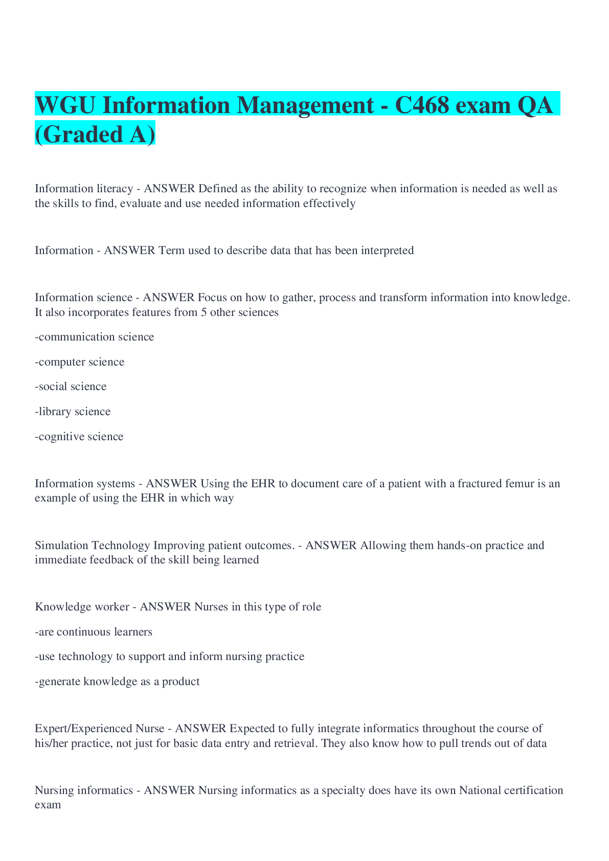 Preview image for WGU Information Management - C468 exam QA (Graded A)