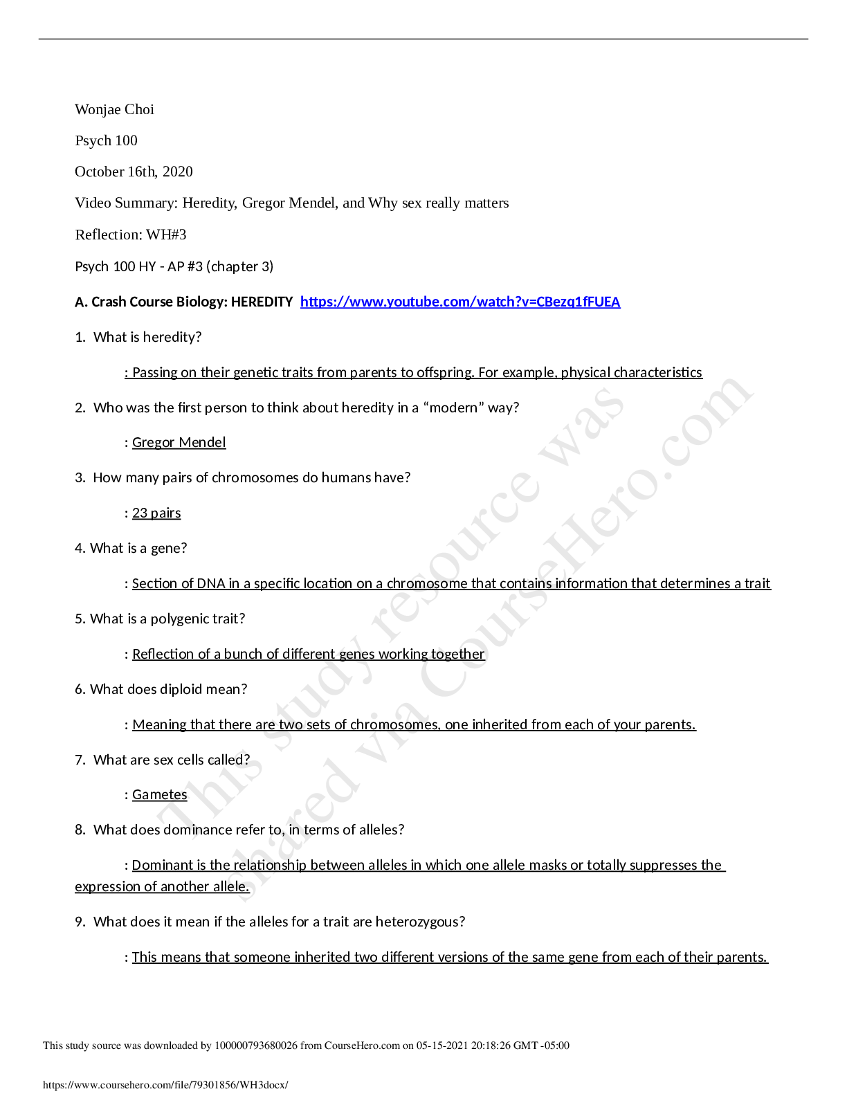 Preview image for Biology: HEREDITY - AP #3 (chapter 3) Video Summary: Heredity, Gregor Mendel, and Why sex really matters Reflection: