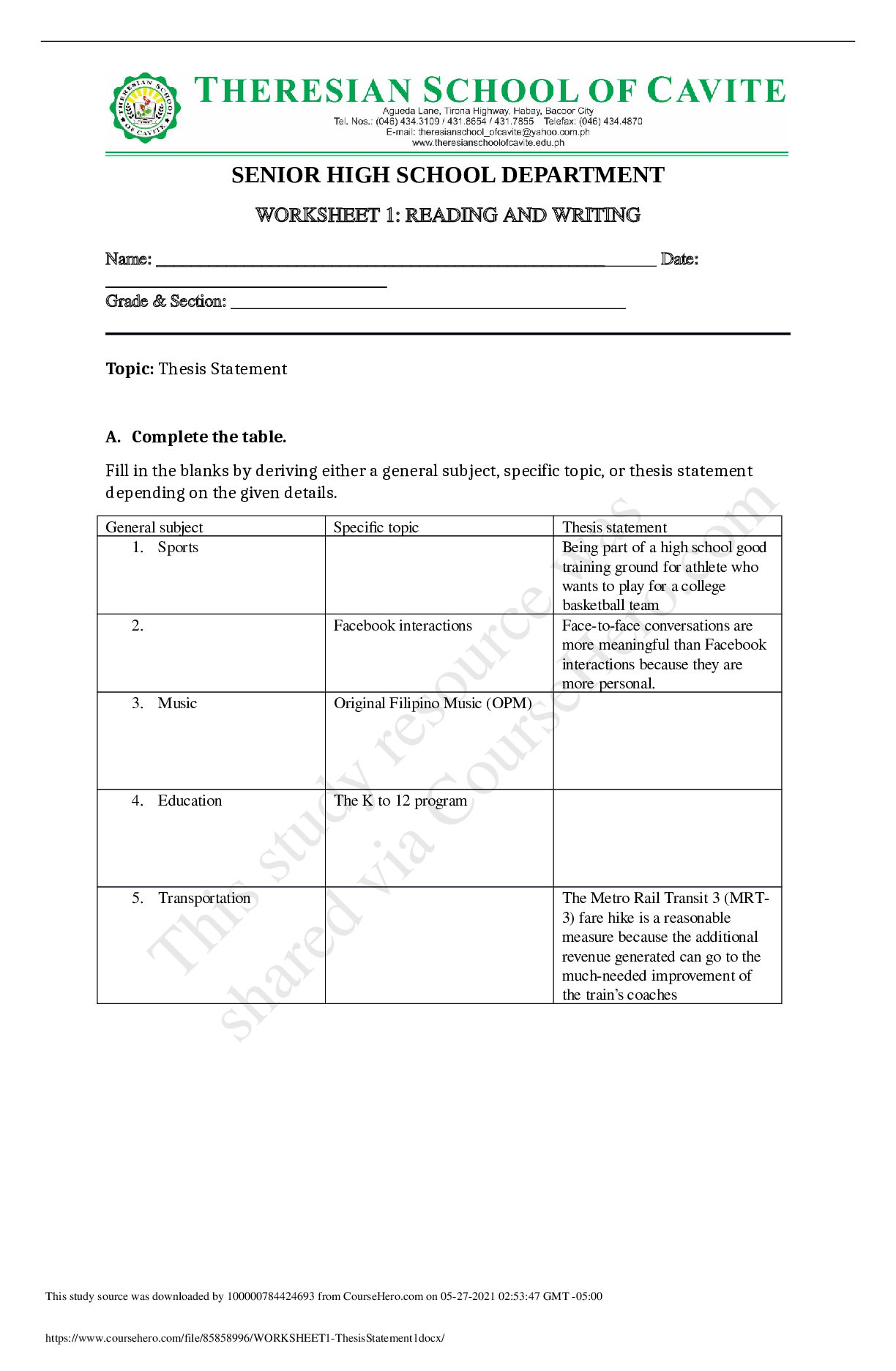 Preview image of Saint Michaels CollegeAEP ENG100WORKSHEET1-ThesisStatement1.docx document