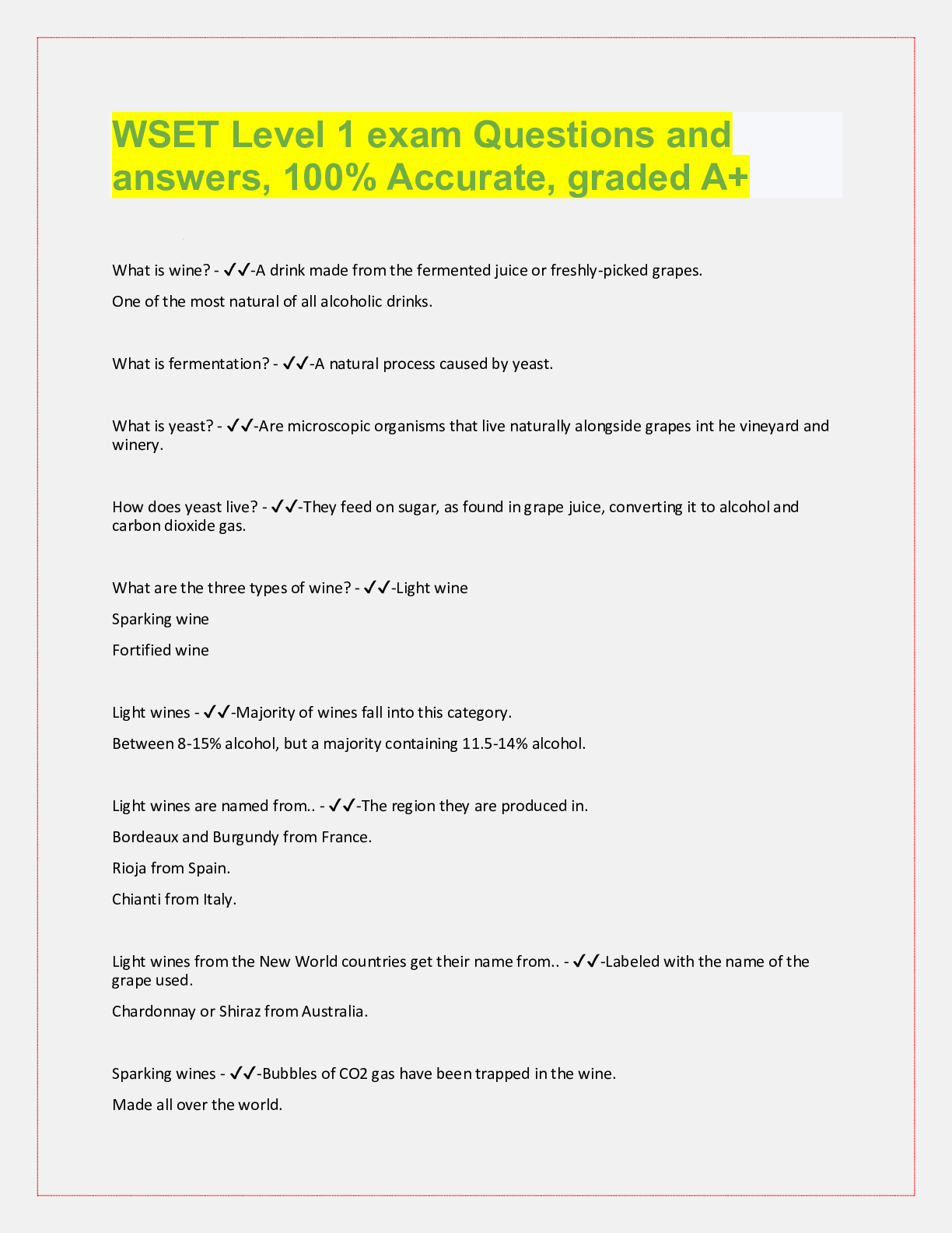 WSET Level 1 exam Questions and answers, 100% Accurate, graded A+ ...