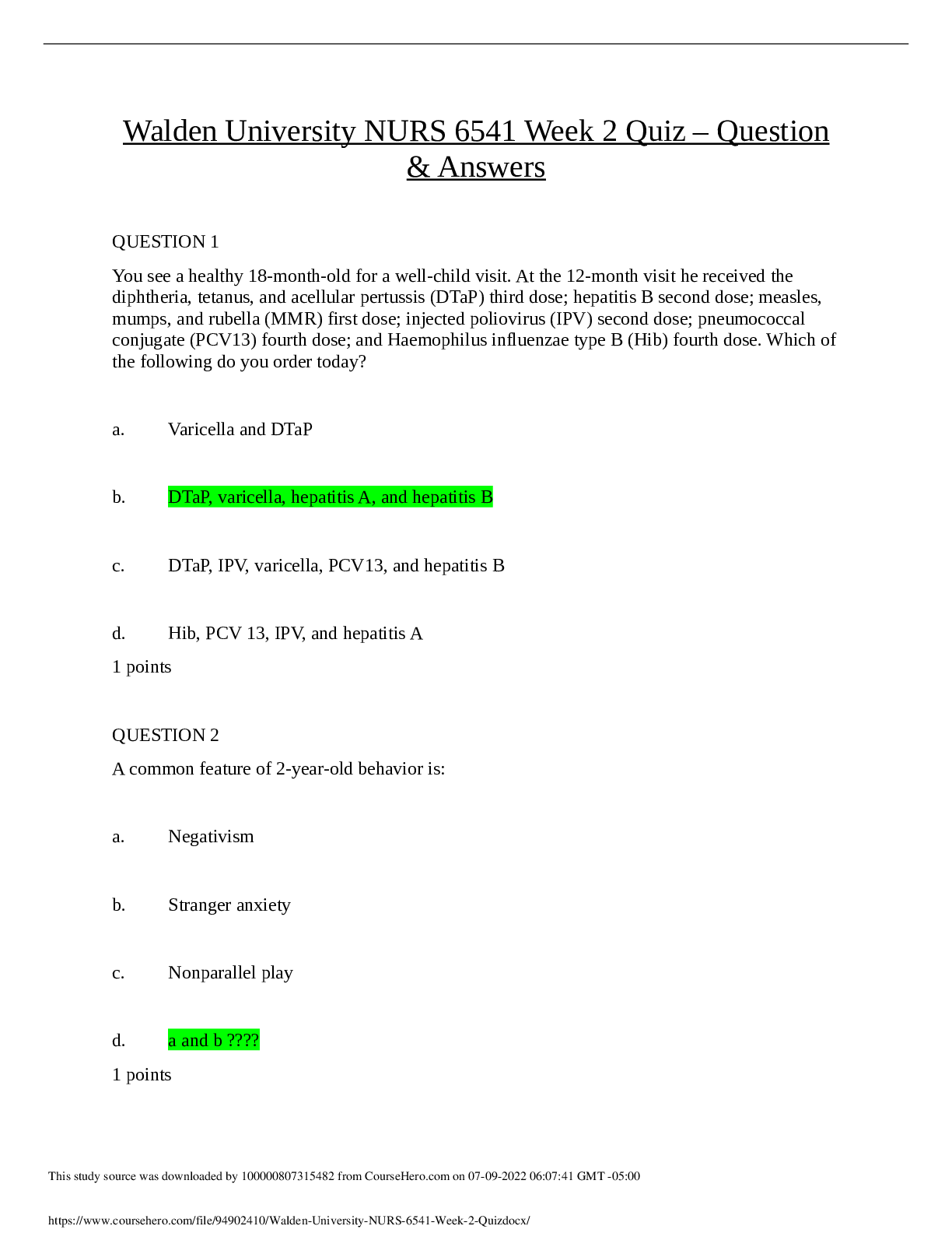 Preview image for NURS 6541 Week 2 Quiz 1 - Question and Answers