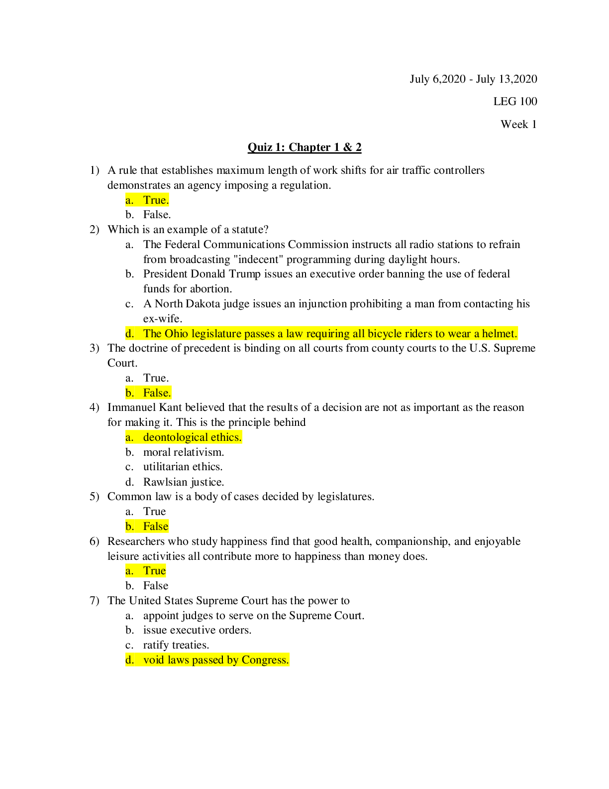 Preview image for LEGAL 100 Week 1 Quiz 1 762020 7132020. docx