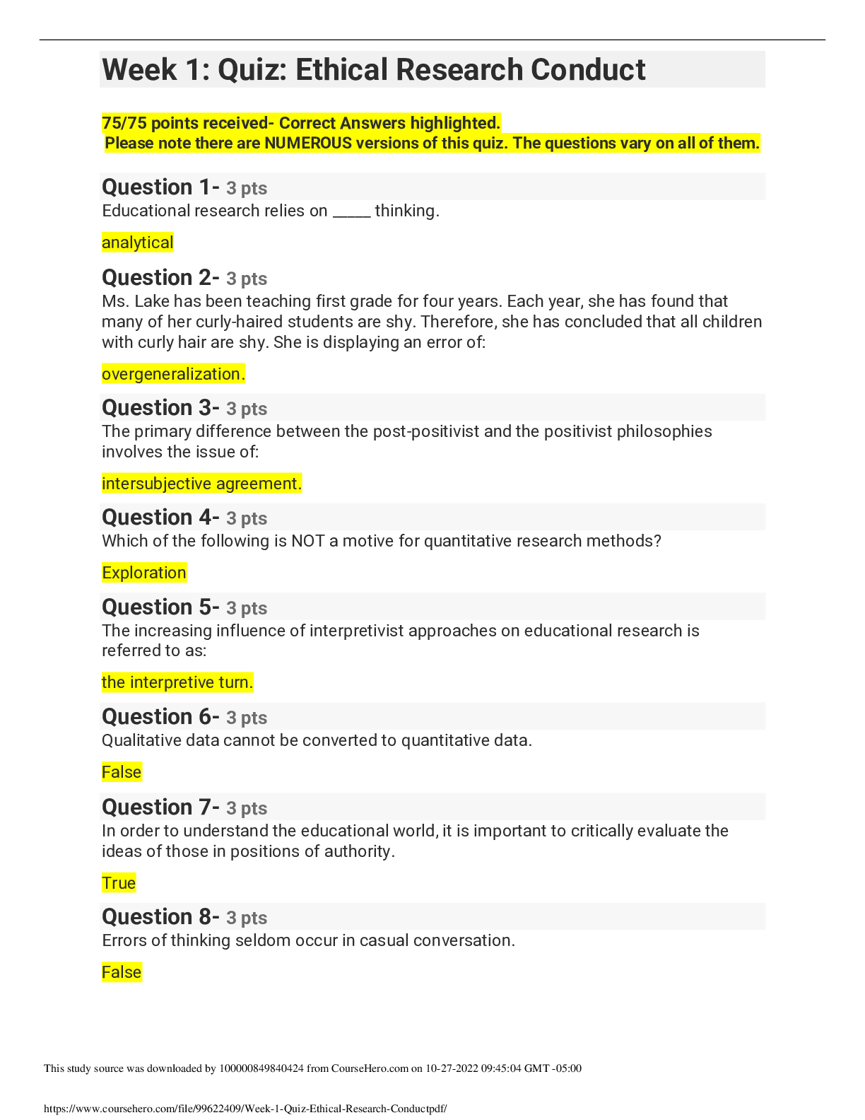 Preview of EDUC 750 Week 1: Quiz: Ethical Research Conduct 75/75 points íeceived- Correct Answers hig