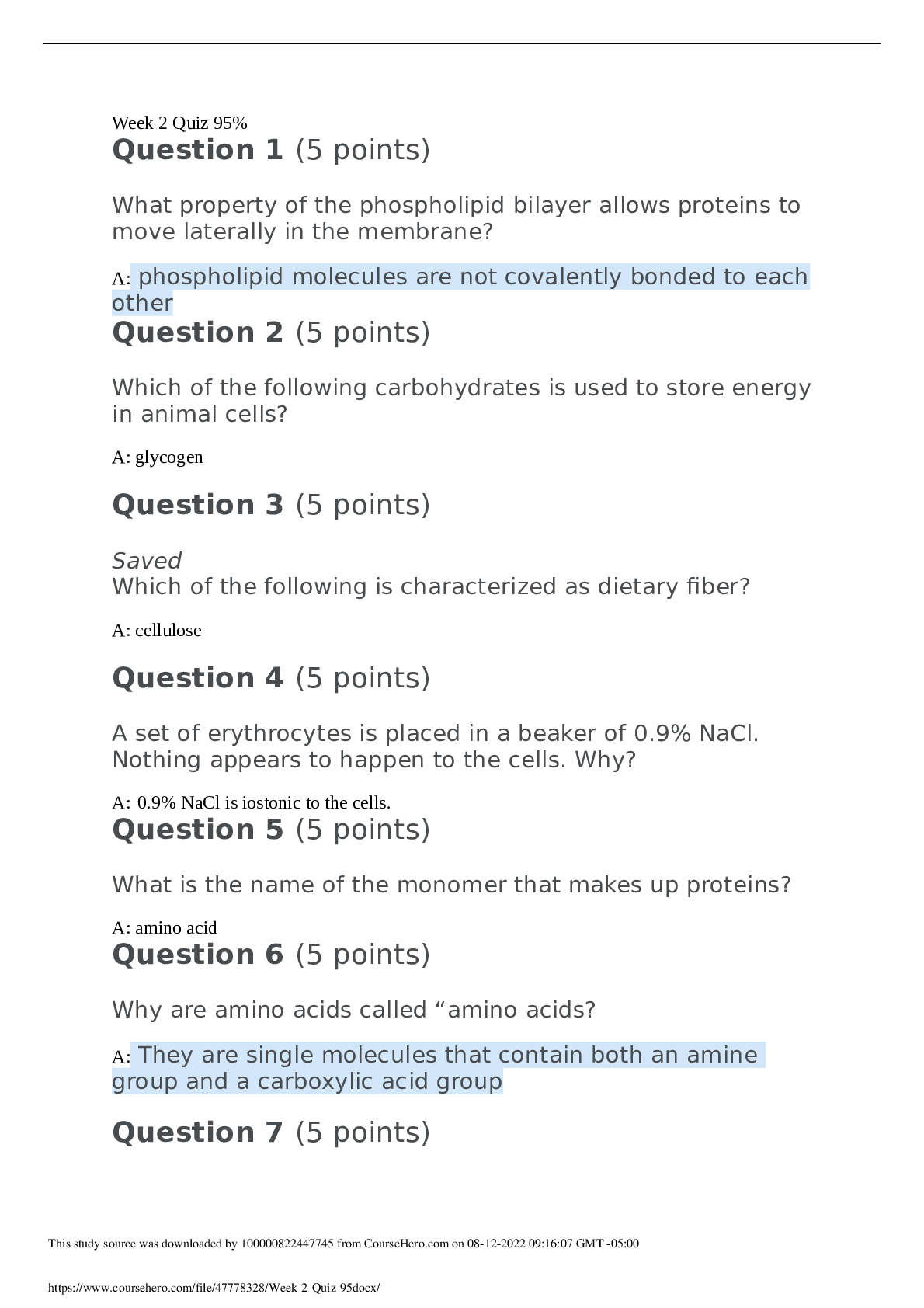 Preview image of BIOL MISC Week 2 Quiz 95% Score document