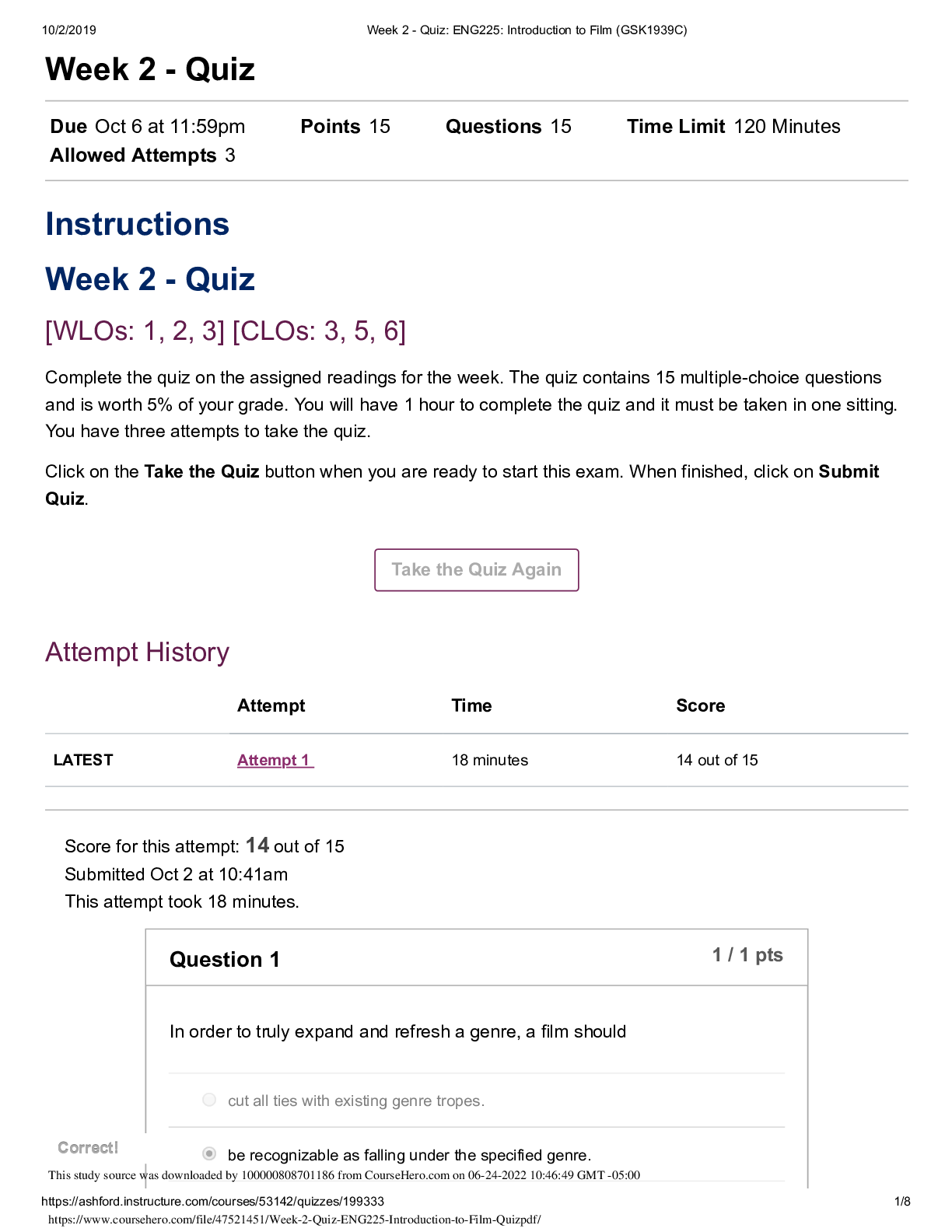 Preview image for Week 2 - Quiz: ENG 225: Introduction to Film Questions And Answers 100% Correct