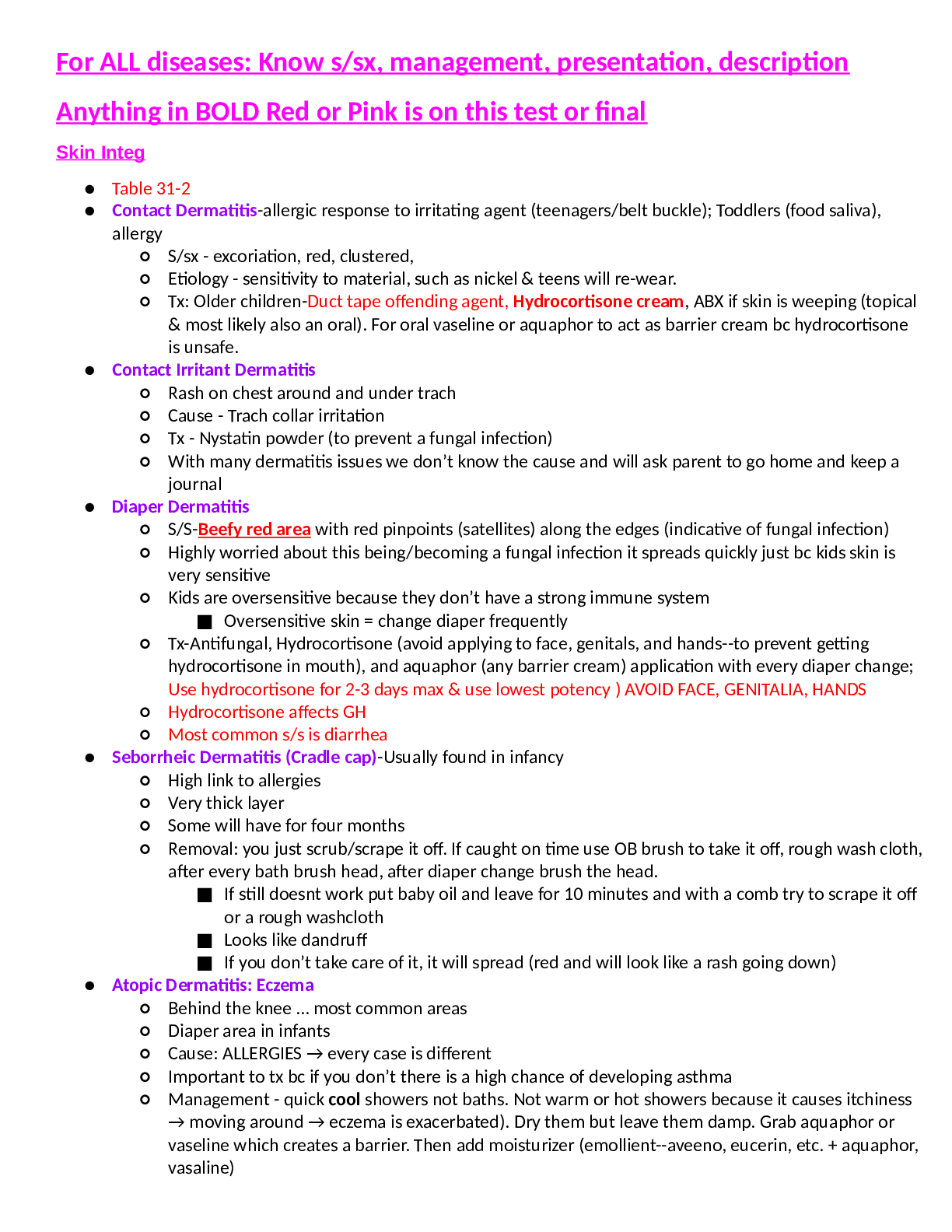 Preview image for For ALL diseases: Know s/sx, management, presentation, description Anything in BOLD Red or Pink is on this test or final, Revised Exam Outline Guide  