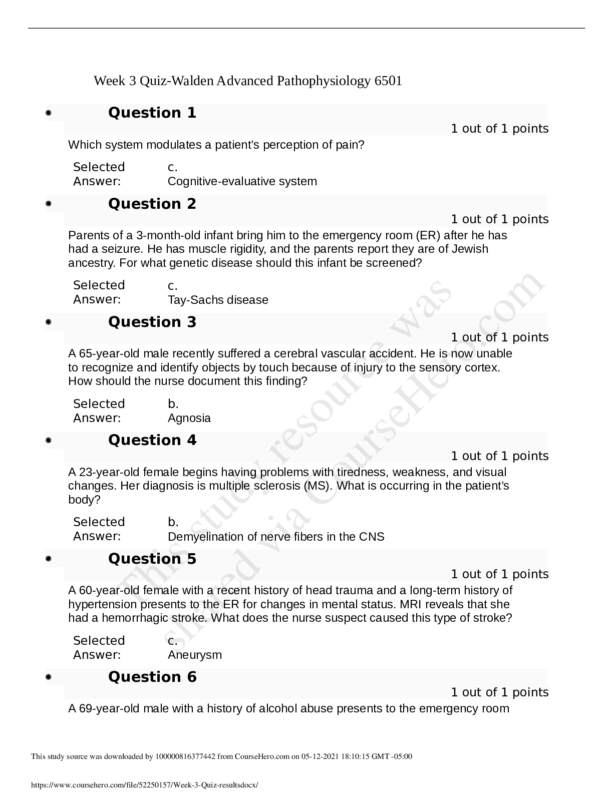Preview image for latest 100% Walden UniversityNURS 6501Week 3 Quiz results.✔✔