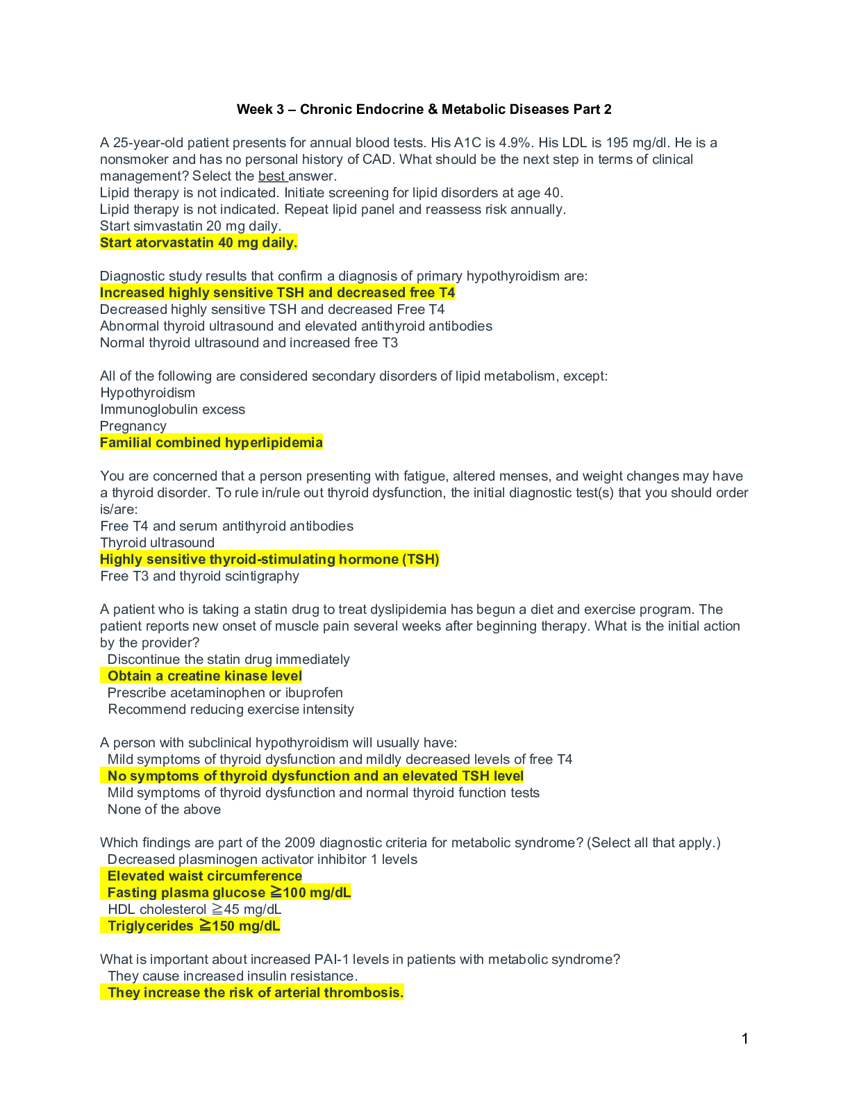 Preview image for NUR MISC Week 3 – Chronic Endocrine & Metabolic Diseases Part 2 (SOLVED) Questions/Answers 100% Correct