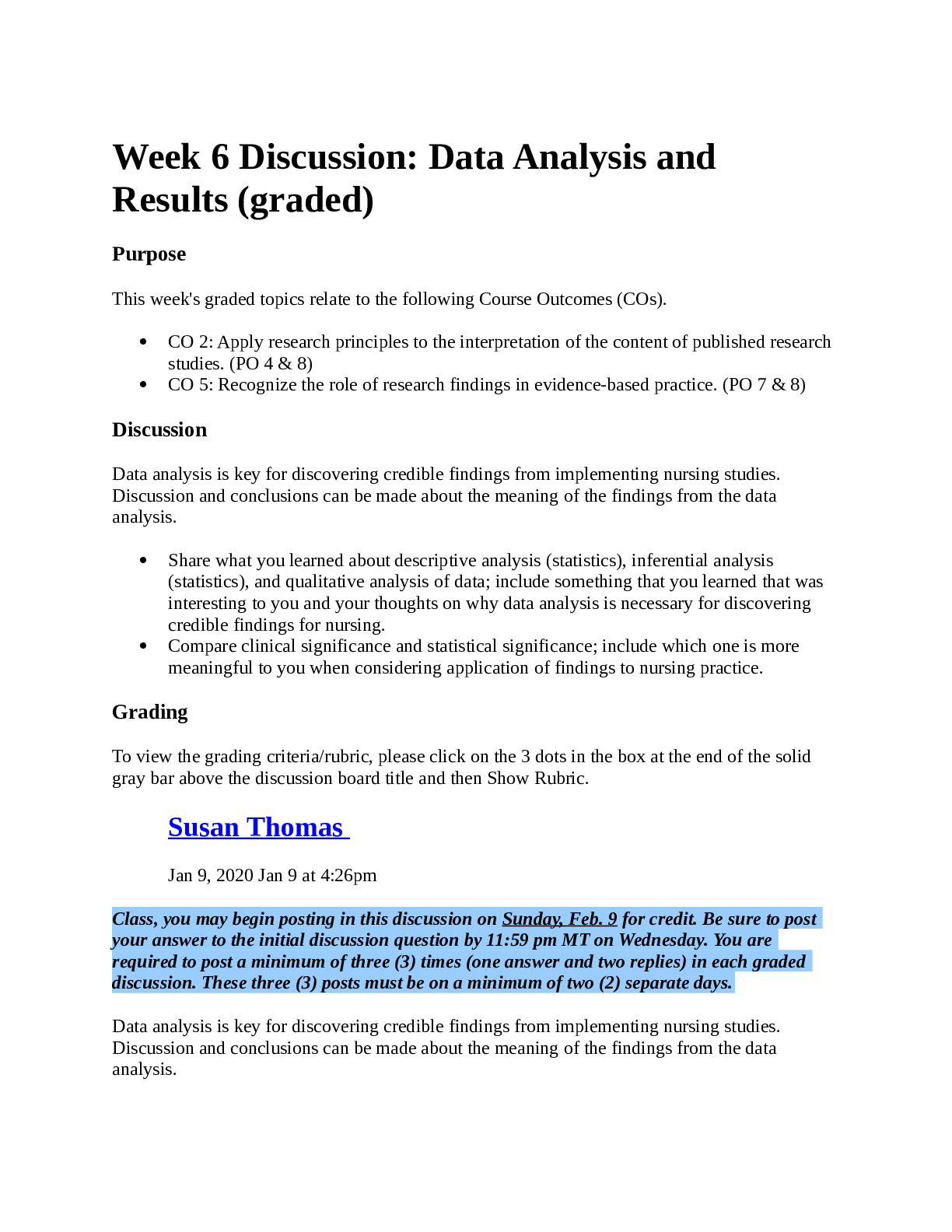 Preview image of NR 439 Week 6 Graded Discussion Topic Data Analysis and Results{GRADED A} document