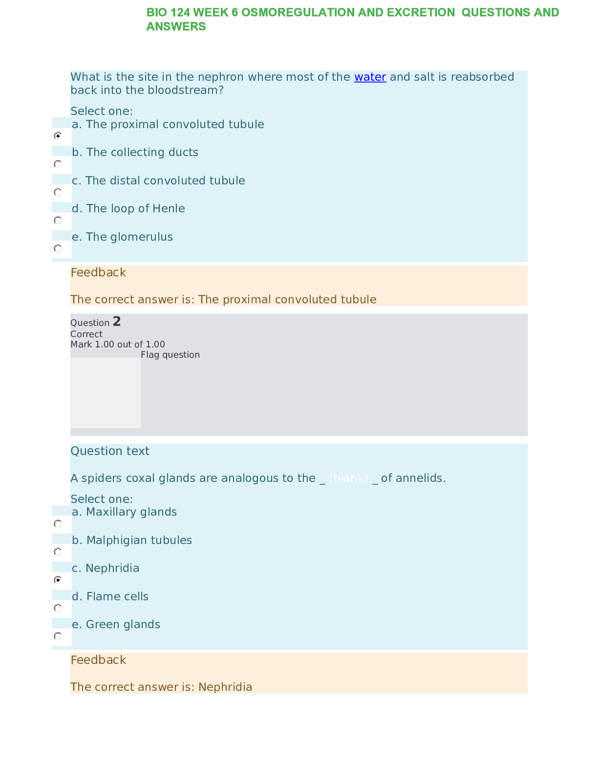Preview of BIO 124 WEEK 6 OSMOREGULATION AND EXCRETION QUESTIONS AND ANSWERS