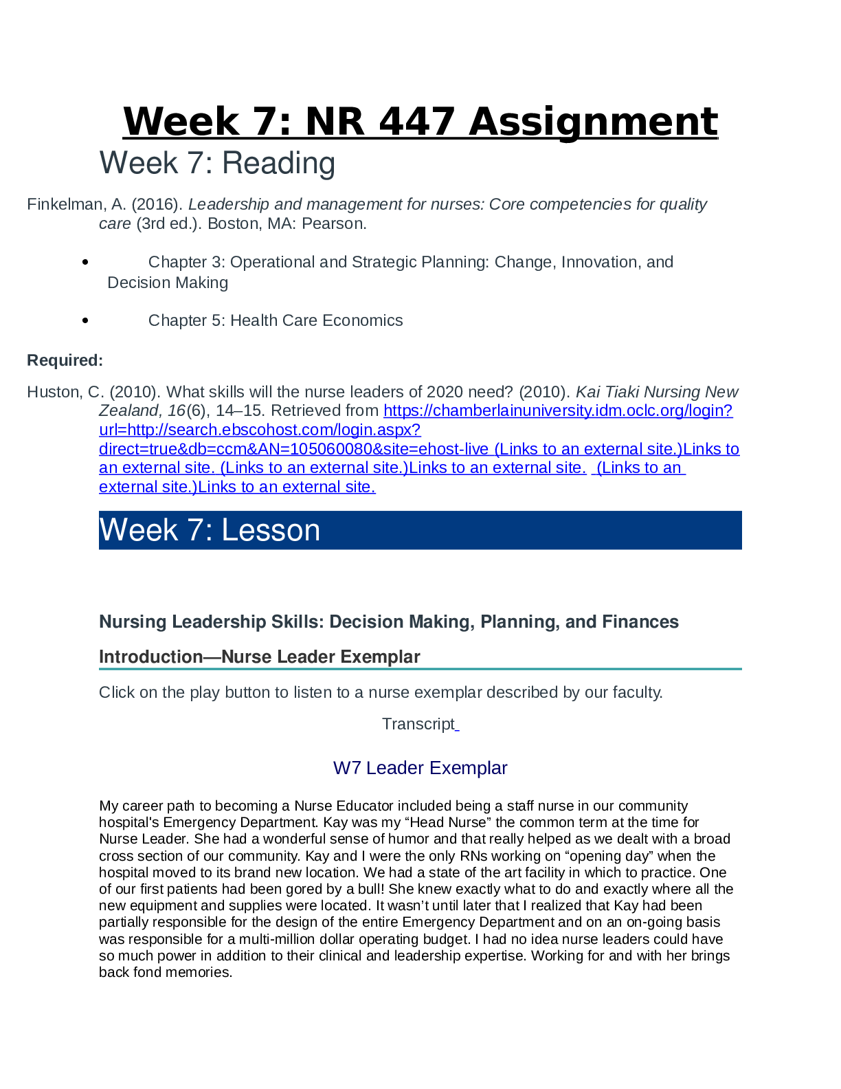 Preview of Chamberlain College of Nursing - NR 447Week 7 Assignments.