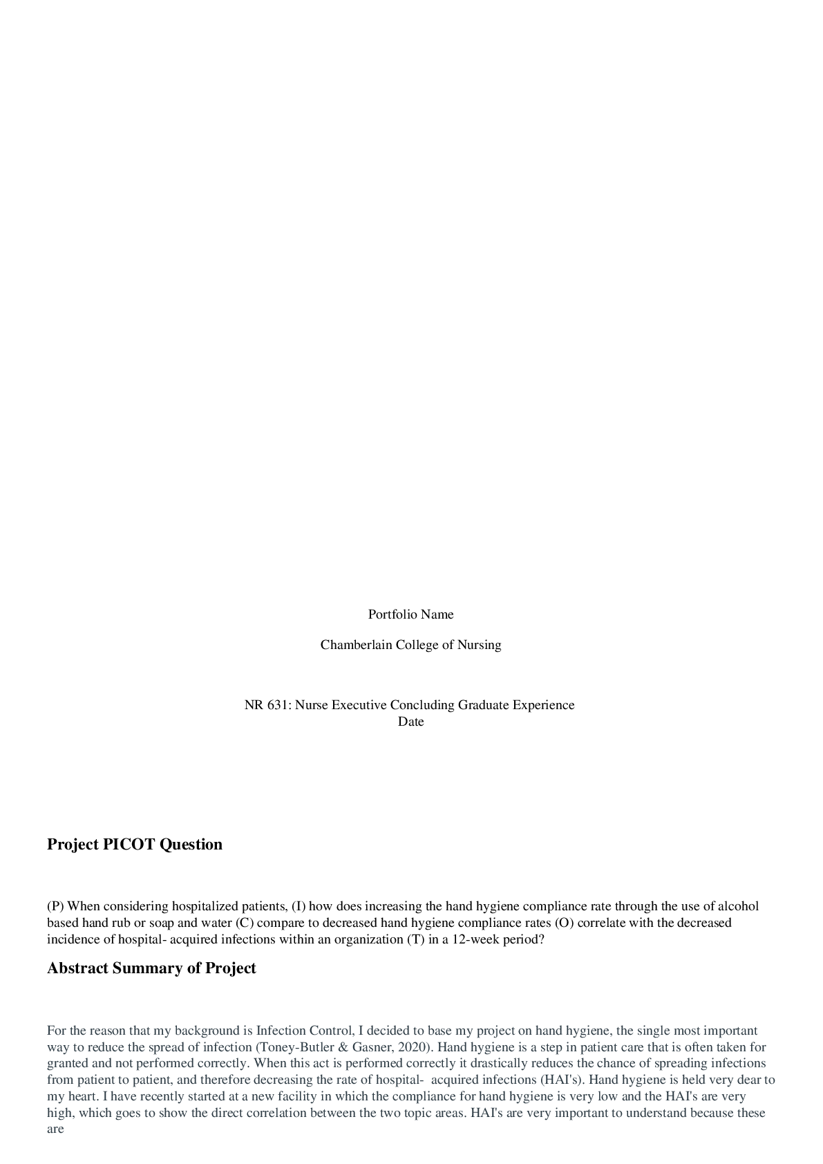 Preview image for Chamberlain College of Nursing - NR 631 Week 8 Portfolio: Nurse Executive Concluding Graduate Experience