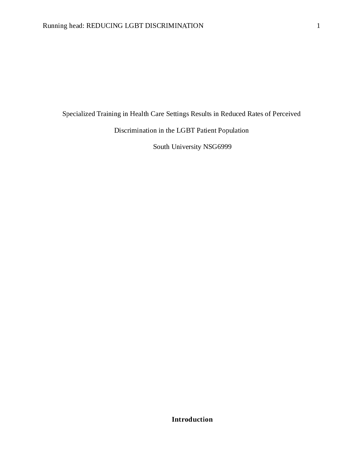 Preview of NSG6999 - Discrimination in the LGBTQ Patient Population - South University (ESSAY) 2021