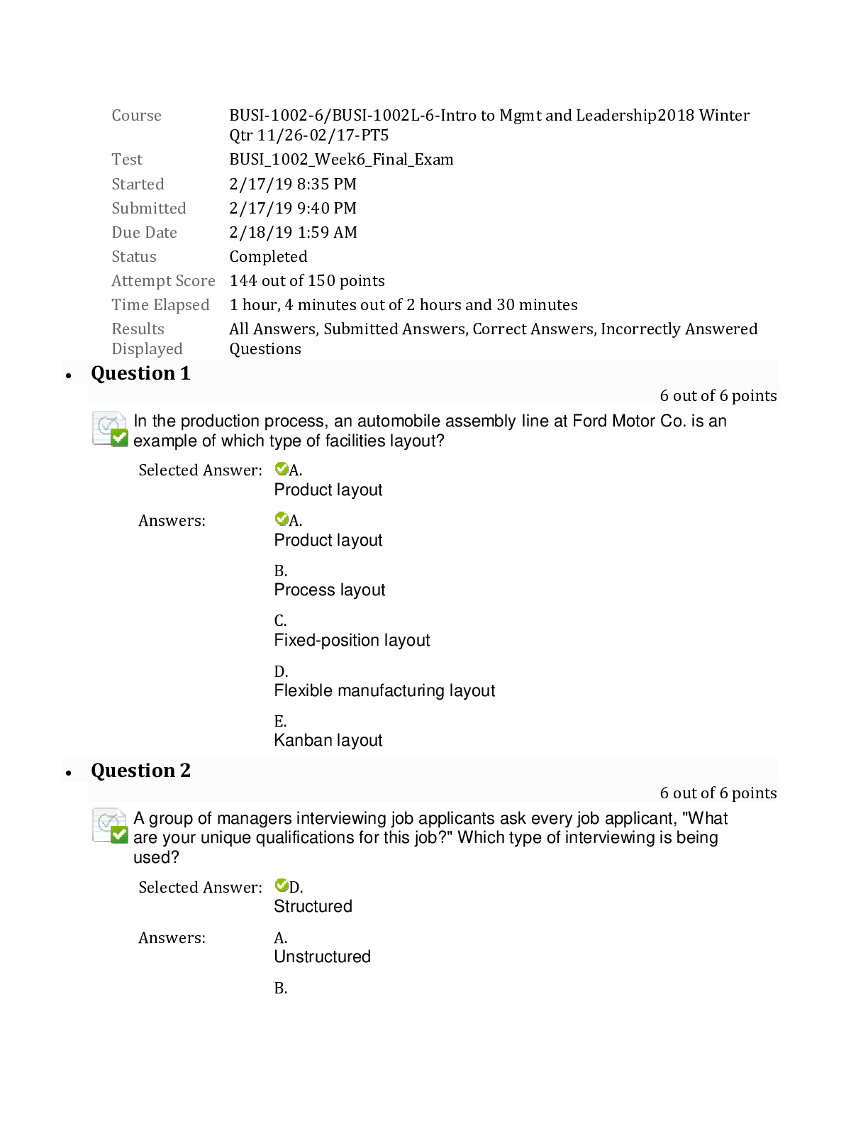 Preview image for BUSI 1002-6, BUSI-1002L-6, Intro to Mgmt and Leadership; Week 6 Final Exam 100/100 Correct (Winter Qtr)