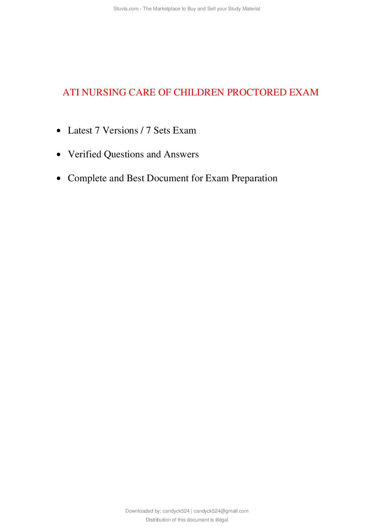 Preview of ATI RN Nursing Care of Children Proctored Exam (7 Latest Versions, 7 Sets Exam | Verified Questions and Answers & Complete and Best Document for Exam Preparation