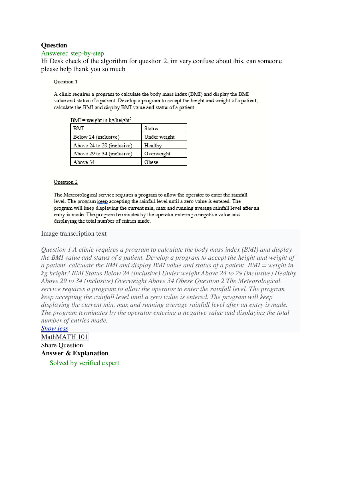 Preview image for A clinic requires a program to calculate the body mass index (BMI) and display the BMI value and status of a patient.