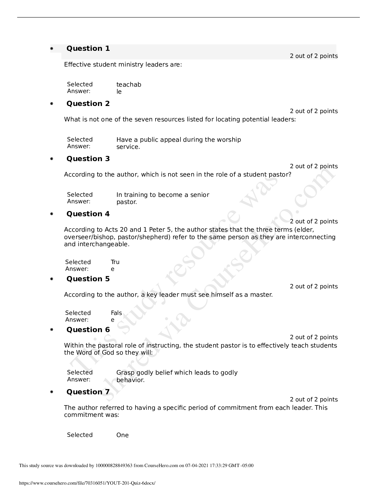 Preview of YOUT 201 Quiz 6