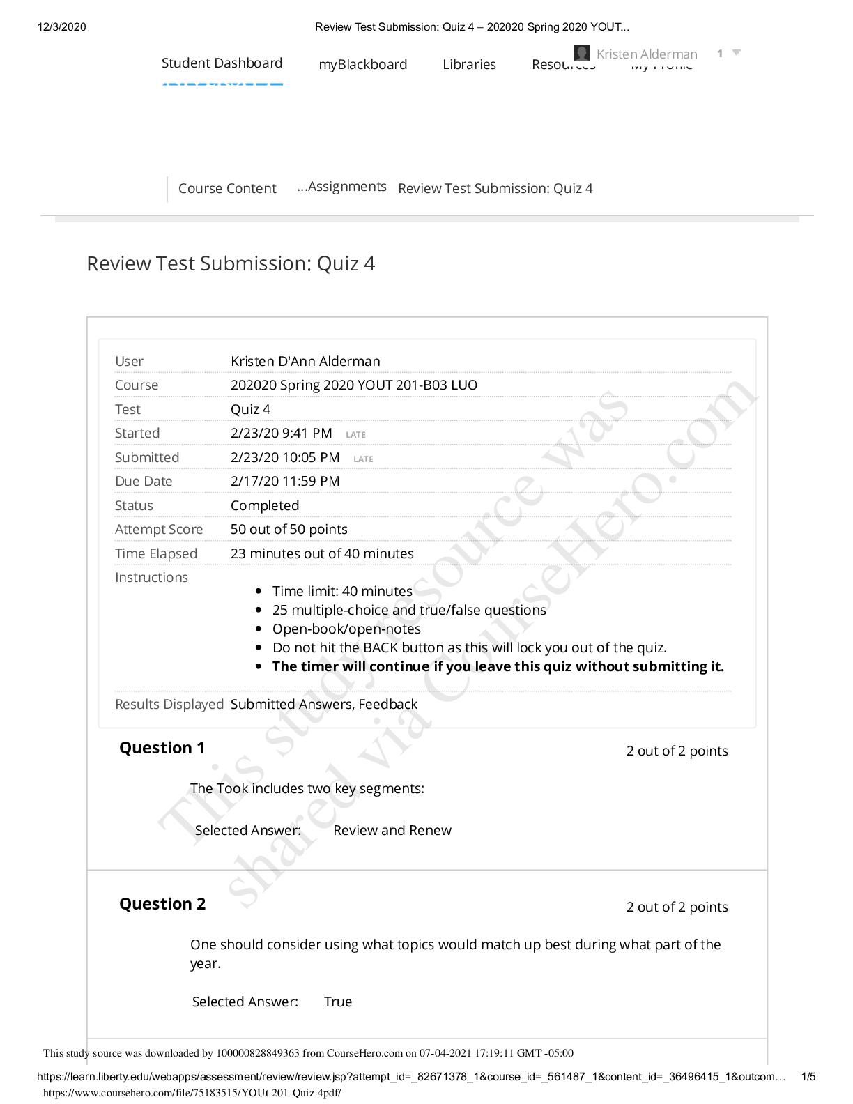 Preview image of YOUT 201 Quiz 4 document