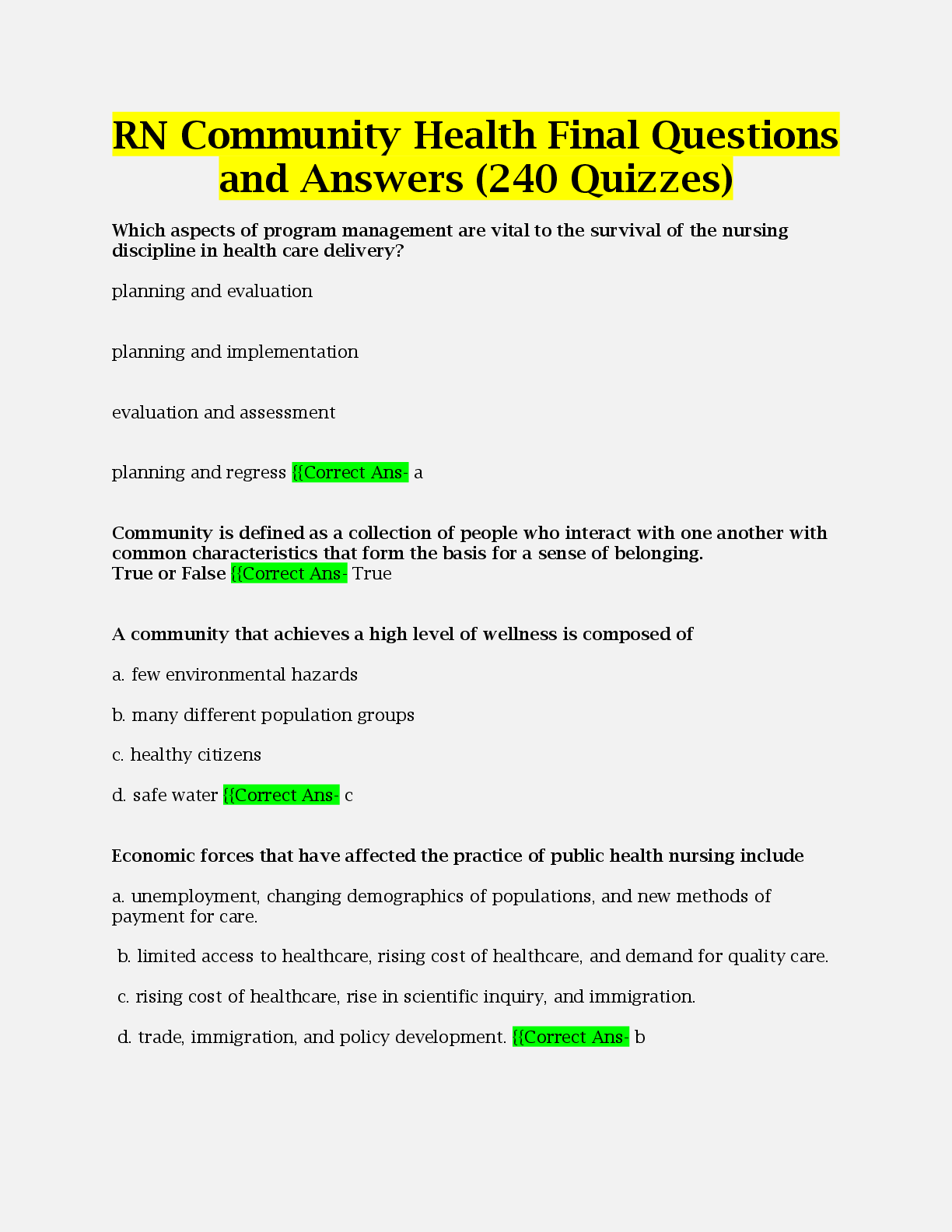 Preview of RN Community Health Final Questions and Answers 240 Q & A