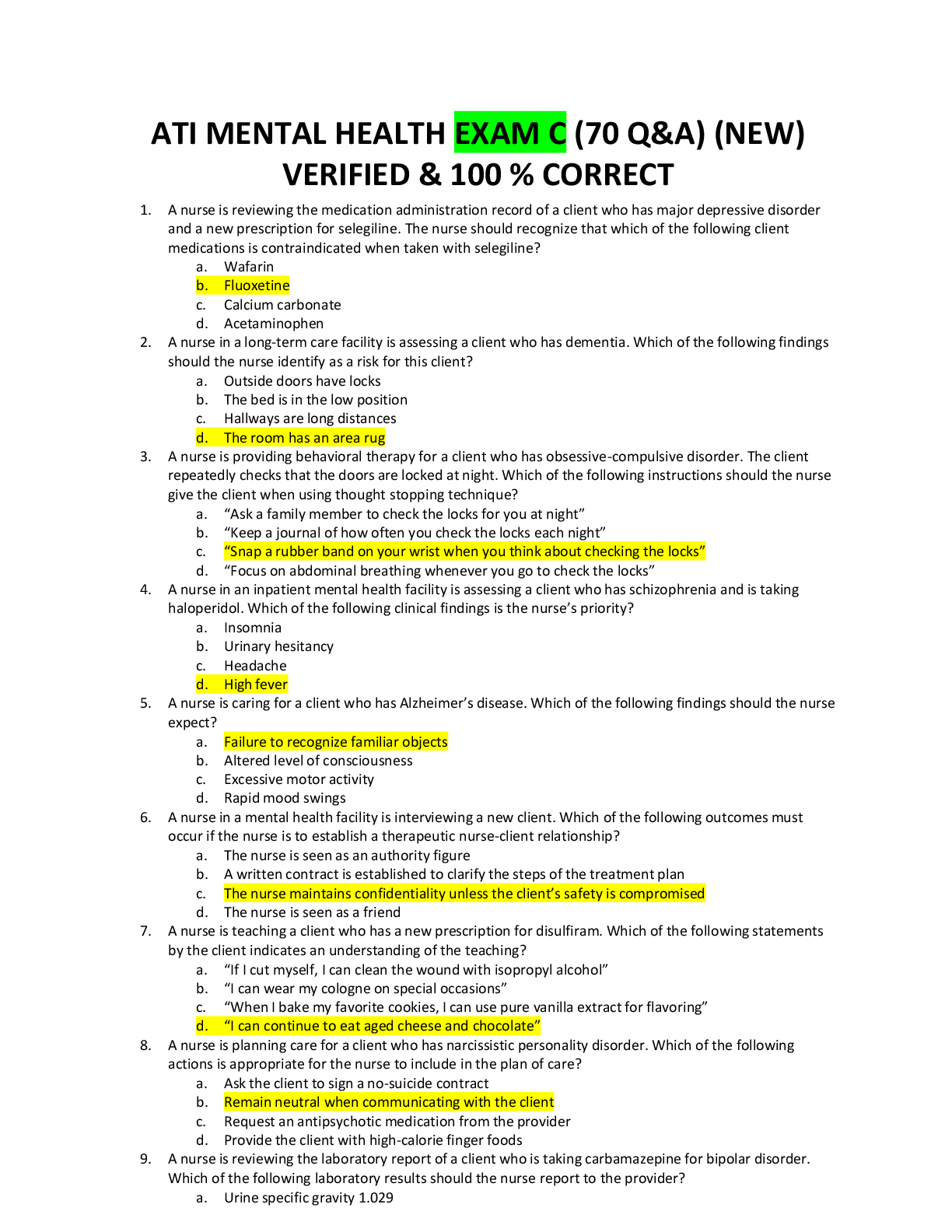 Preview of ATI MENTAL HEALTH EXAM C (70 Answers and cheat sheets   Grade A+   Pages 9 )