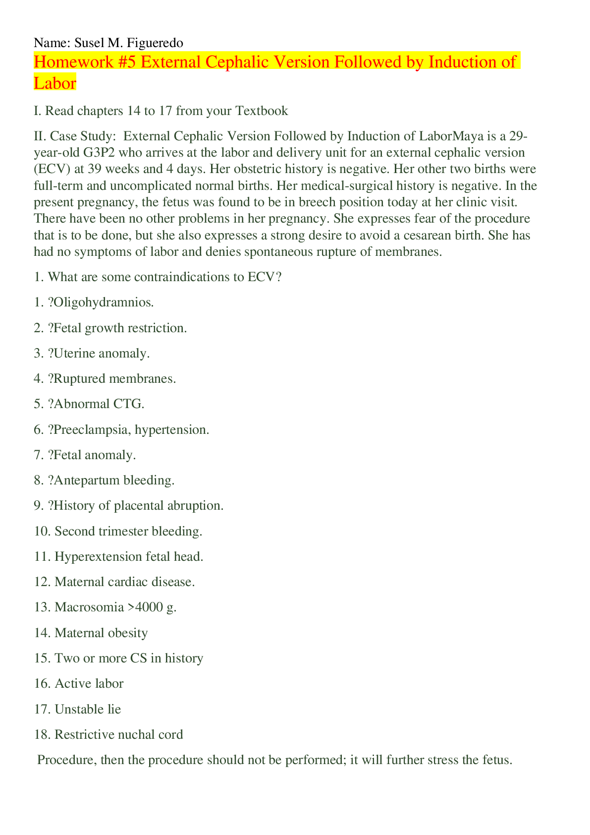 Preview image for Homework #5 External Cephalic Version Followed by Induction of Labor,VERIFIED AND GRADED A