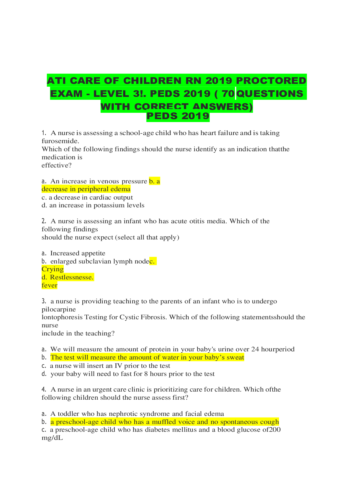 Preview of ATI CARE OF CHILDREN RN 2019 PROCTORED EXAM - LEVEL 3!. PEDS 2019 ( 70 QUESTIONS WITH CORR