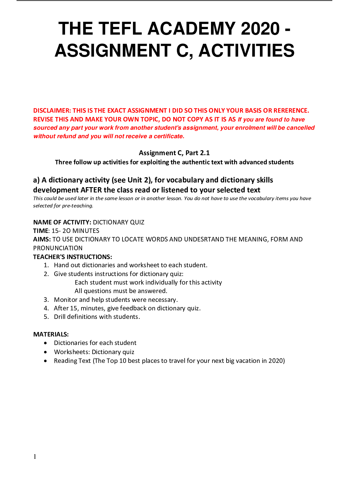 Preview image of THE TEFL ACADEMY 2020 - ASSIGNMENT C, ACTIVITIES document