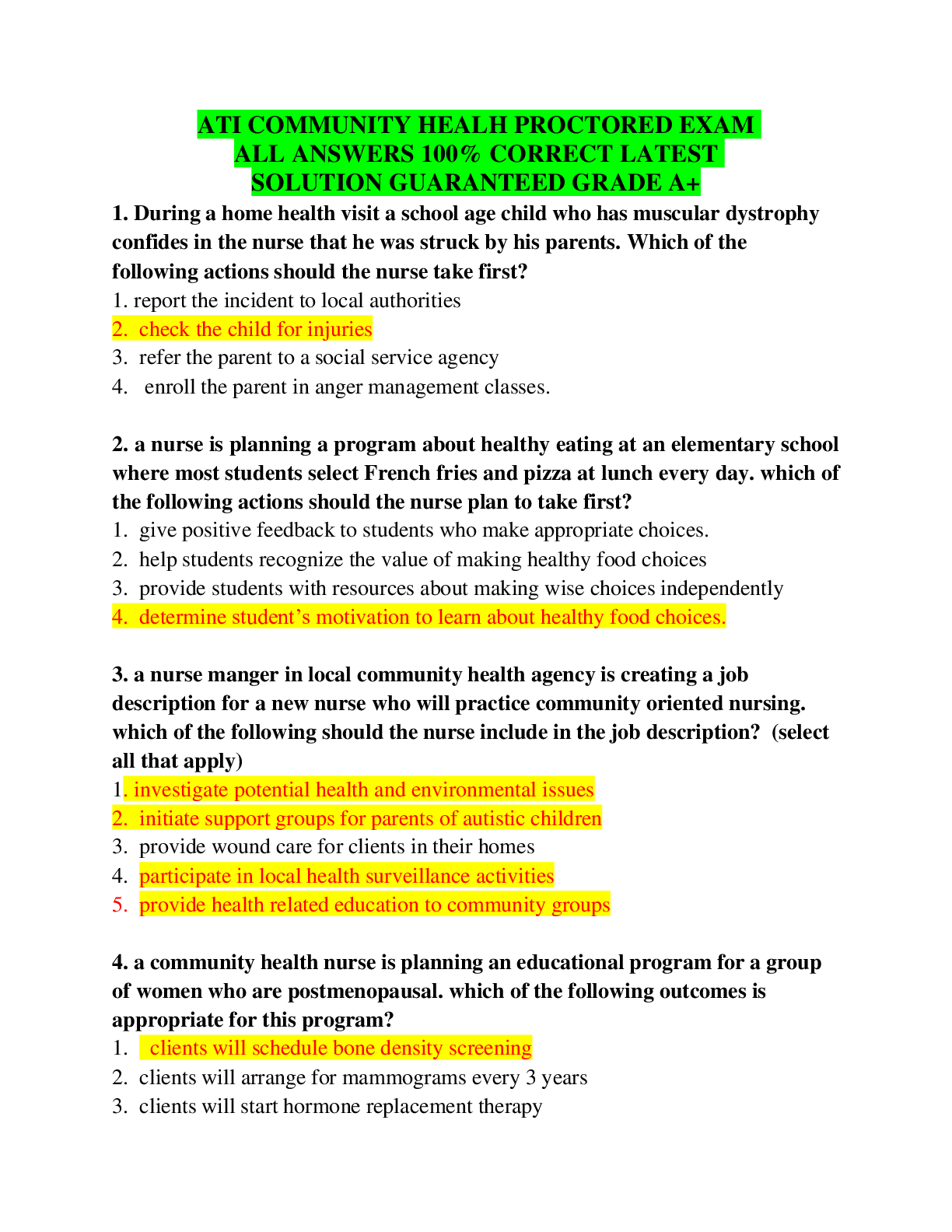 Preview image for ATI COMMUNITY HEALH PROCTORED EXAM ALL ANSWERS 100% CORRECT LATEST SOLUTION GUARANTEED GRADE A+