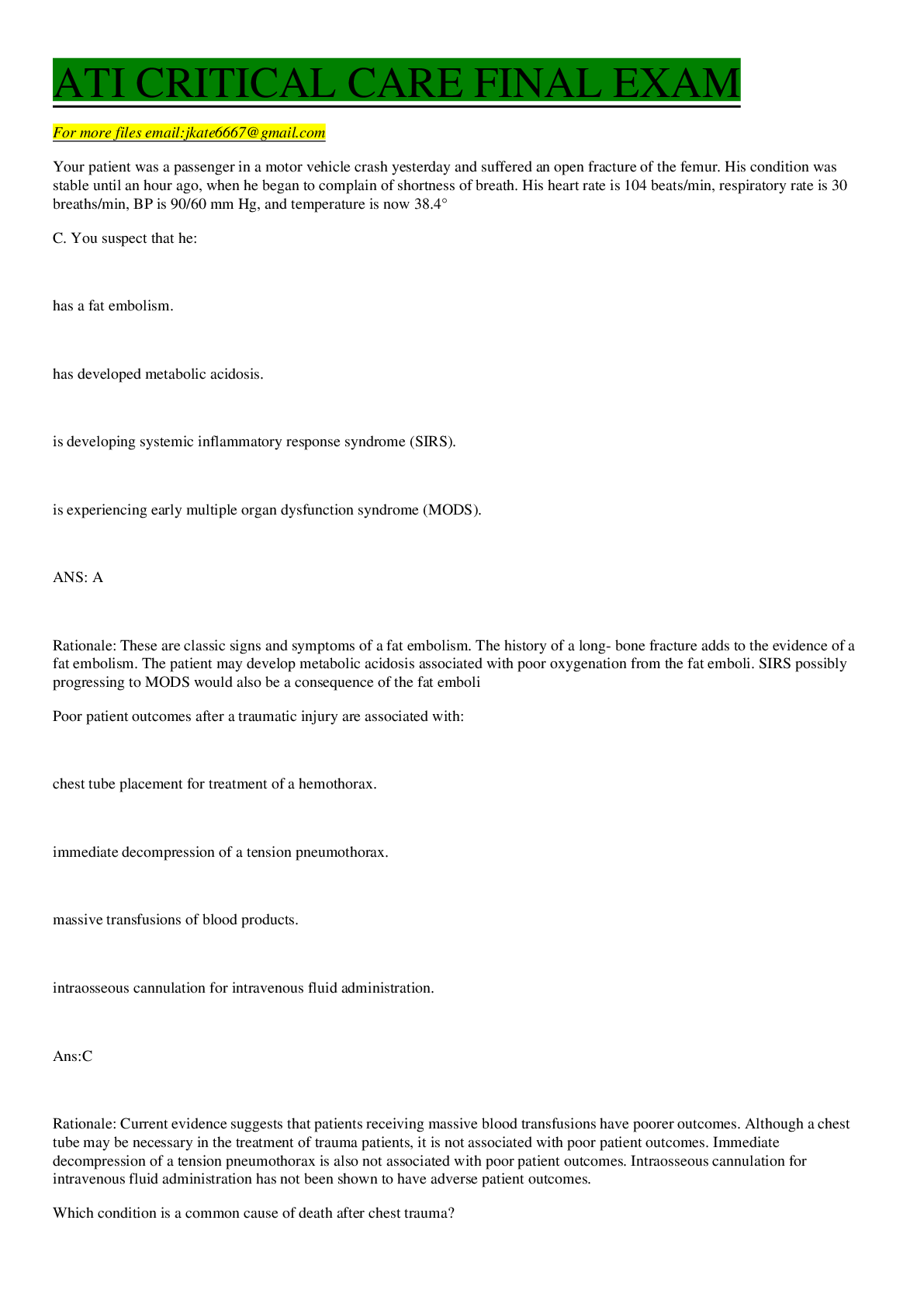 Preview image for ATI CRITICAL CARE FINAL EXAM