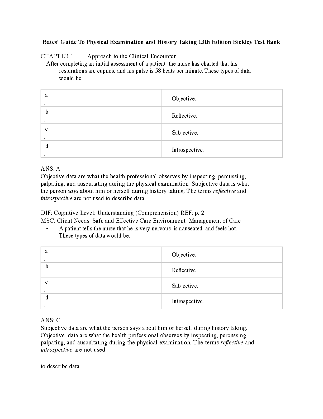 Recommended document preview for Bates Guide To Physical Examination and History Taking 13th Ed TEST BANK