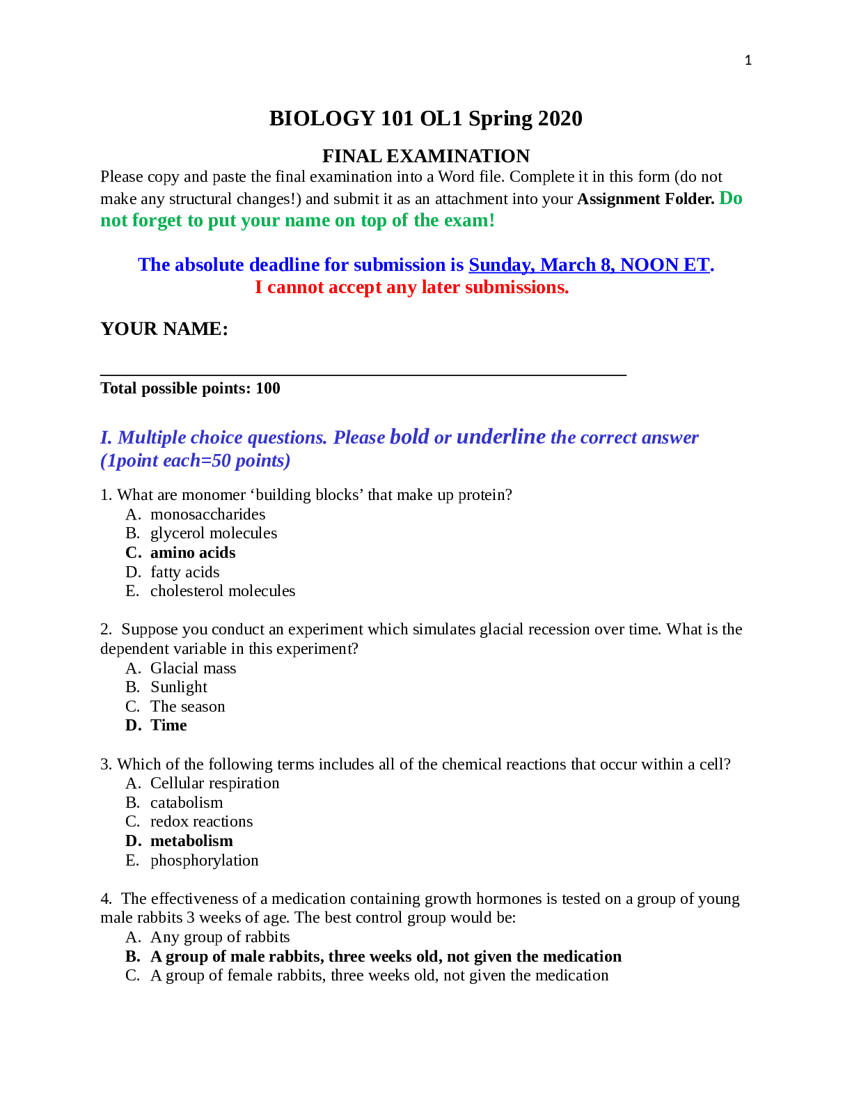 Preview of University of Maryland, University College BIOLOGY 101 Biology Final Exam 2020 March