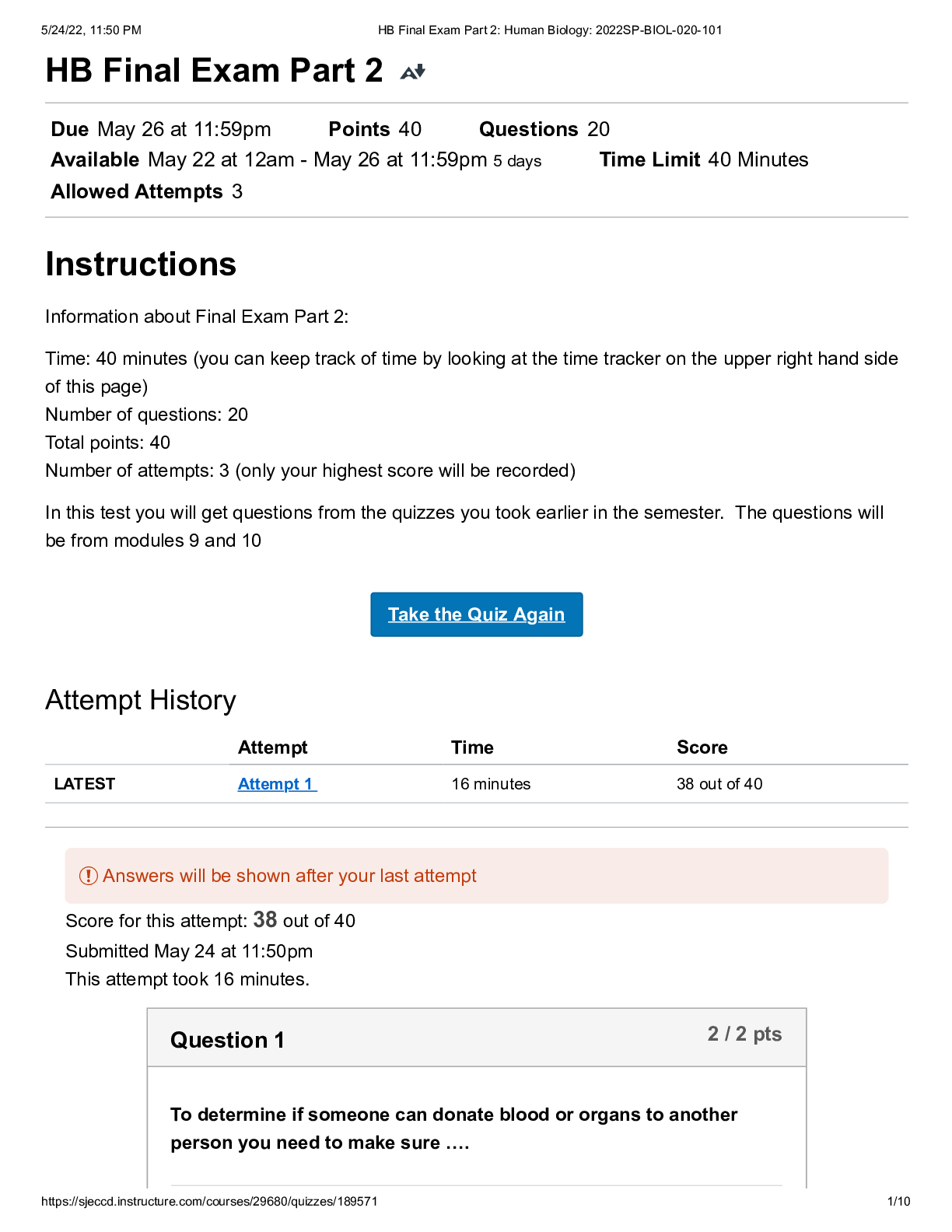 Preview image of HB Final Exam Part 2 Human Biology 2022 document