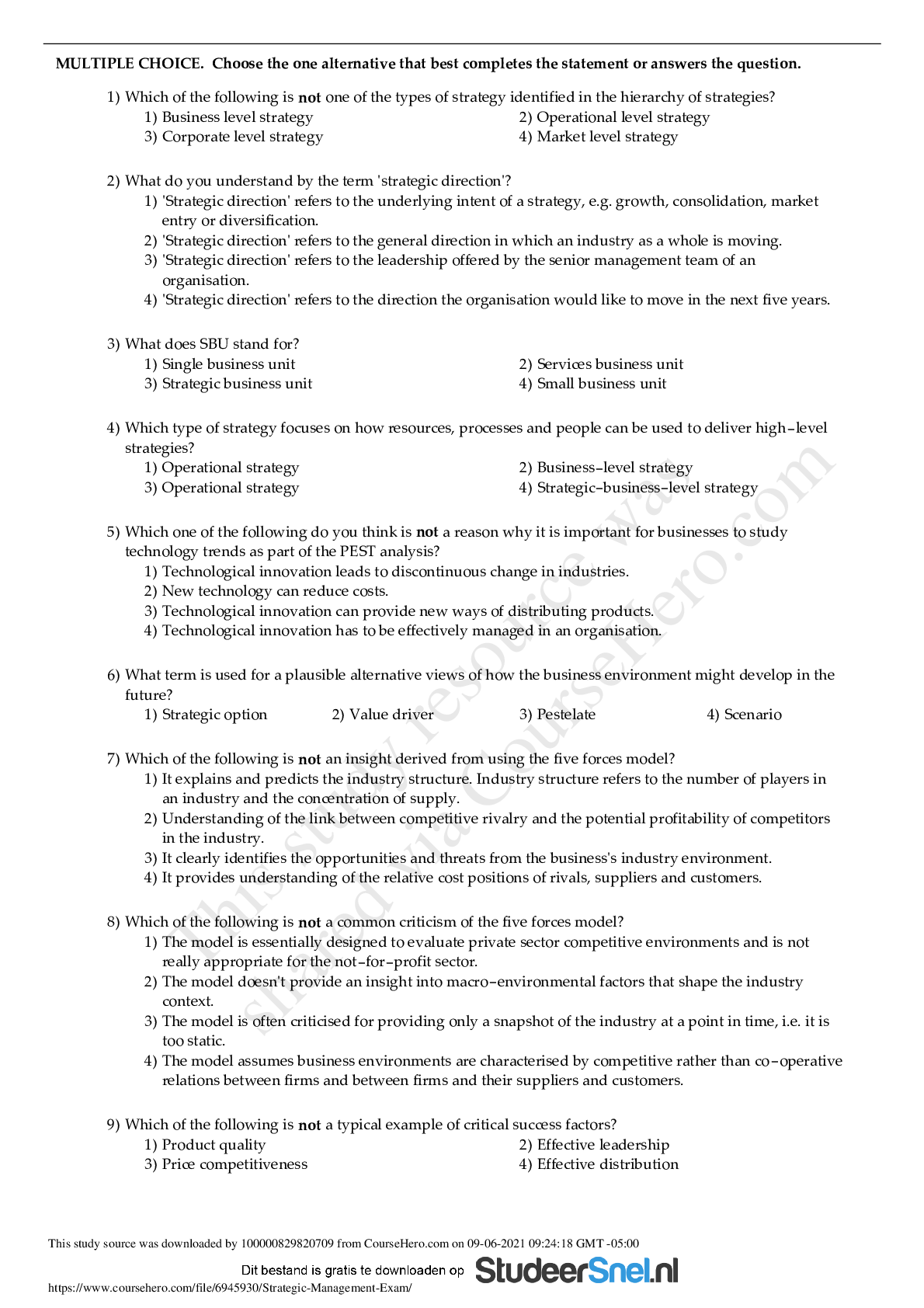 Preview image of Strategic Management Exam 2021 document