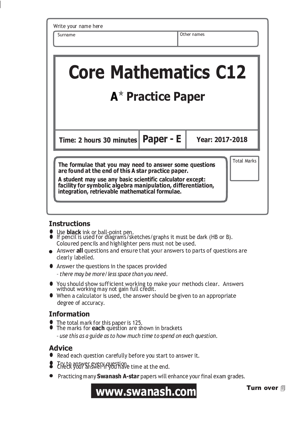 Preview image of Core Mathematics C12 A✯ Practice Paper exam questions only document