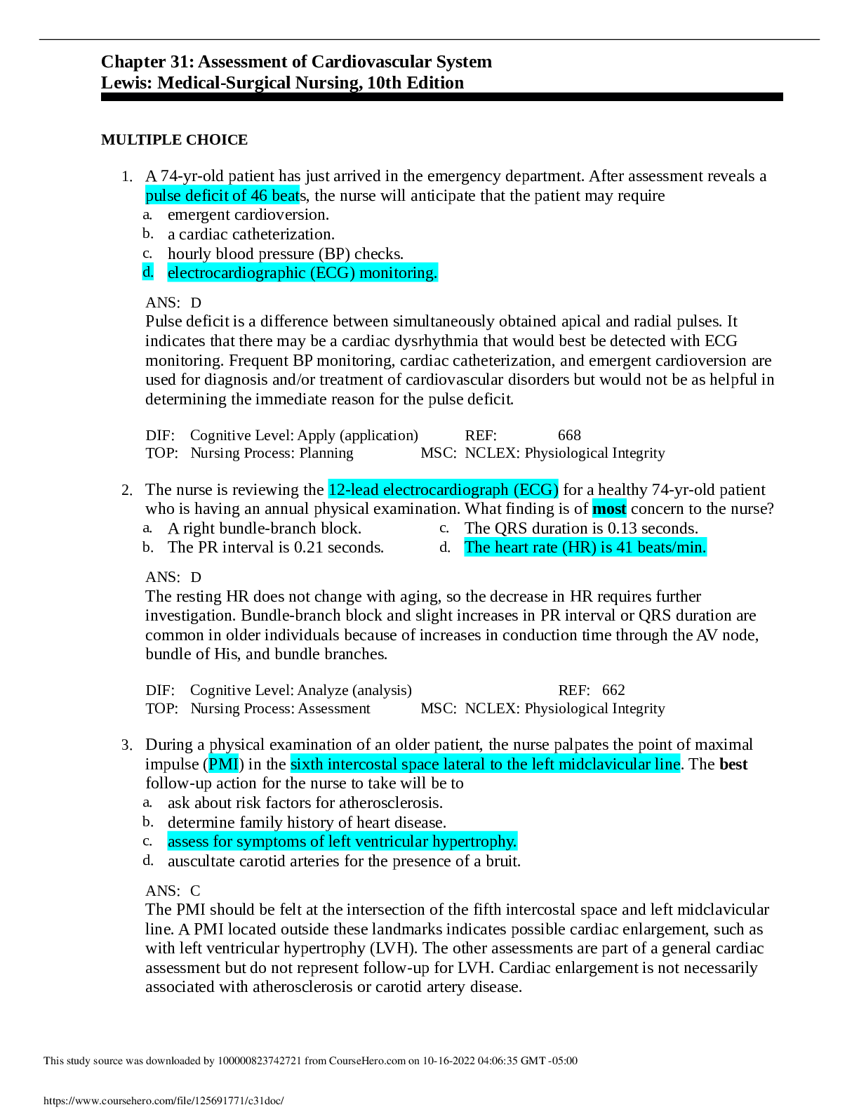 Preview image for Chapter 31: Assessment of Cardiovascular System Lewis: Medical-Surgical Nursing, 10th Edition