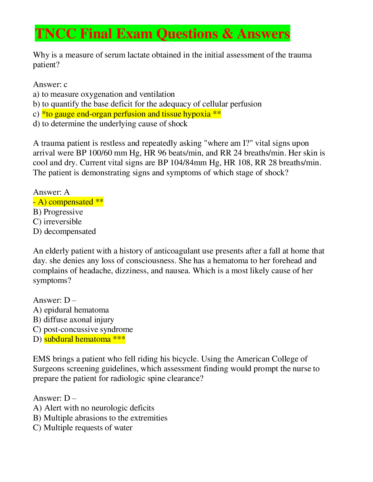 TNCC Final Exam Questions & Answers