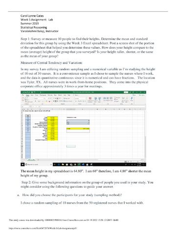 Preview page 1 of MATH 225N Week 5 Lab Assignment (Version 2) Summer 2019/2020, complete solution guide, Chamberlain.