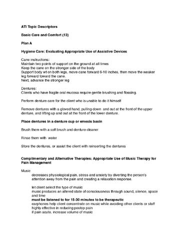 Preview page 1 of ATI Topic Descriptors Basic Care and Comfort (13) TESTBANK
