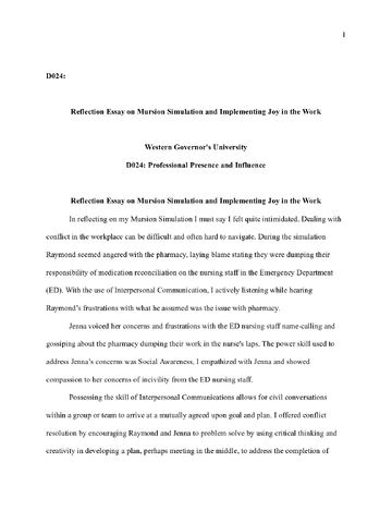 Preview page 1 of Reflection_Essay_on_Mursion_Simulation_and_Implementing_Joy_in_the_Work.docx    D024:  Ref