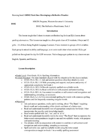 Preview page 1 of D182 Task 1  Developing Reflective Practice.docx    Running head: OHM2 Task One: Developin