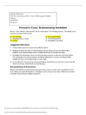 Preview page 1 of PHI 105 Topic 2 Assignment: Persuasive Essay Brainstorm Worksheet