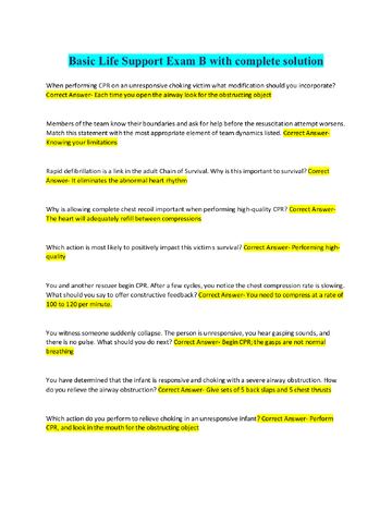 Preview page 1 of Basic Life Support Exam B with complete solution