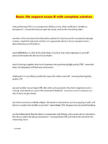 Preview page 1 of Basic life support exam B with complete solution