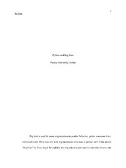 Preview page 1 of IT244M3CA Part2.docx    Python and Big Data  Purdue University Global  Big data is used by