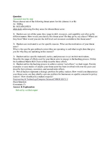 Preview page 1 of Engineering & Technology Computer Science CYBER SECURITY[ ANSWERED STEP BY STEP WITH EXPLANATION].