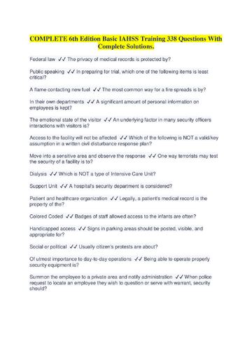 Preview page 1 of COMPLETE 6th Edition Basic IAHSS Training 338 Questions With Complete Solutions.
