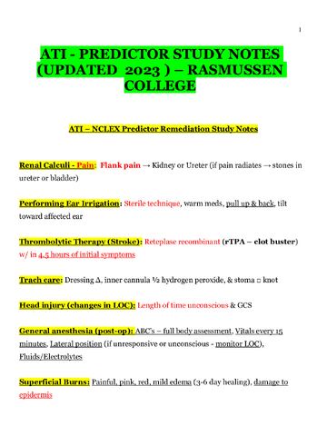 Preview page 1 of ATI - PREDICTOR STUDY NOTES (UPDATED 2023 ) – RASMUSSEN COLLEGE
